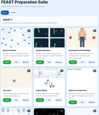 ATC Preparation FEAST 1 training dashboard listing interactive practice modules such as radar control, divided attention, memory, and spatial reasoning