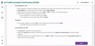 JobTestPrep ATSA practice course instruction screen showing spatial orientation task rules for cockpit and control-tower perspectives