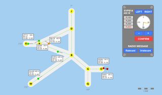FEAST-style radar simulation practice screen with aircraft tags, waypoints, and flight-level controls